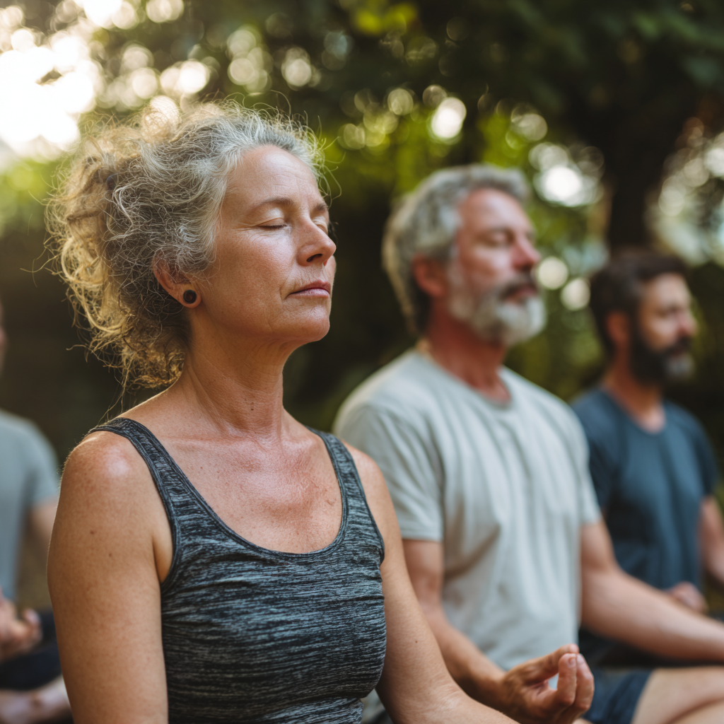 Middle-aged adults practicing mindful yoga movements in natural setting