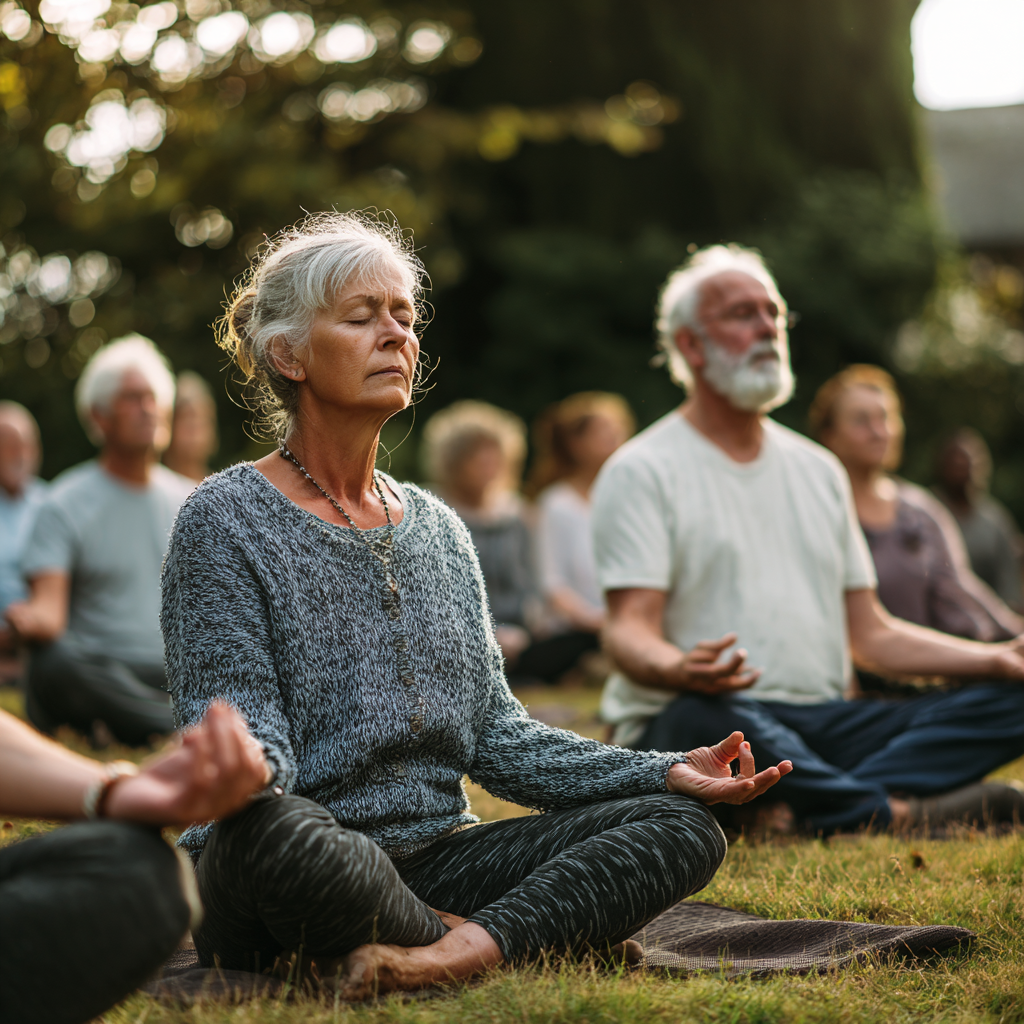 Older adults in peaceful yoga meditation session outdoors